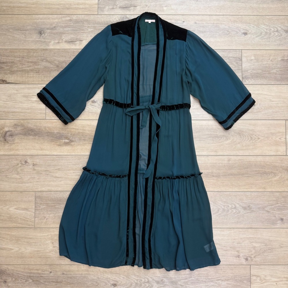 NFC Emerald Green Velvet Trim Duster Robe Kimono M/L Boho Romantic Sheer